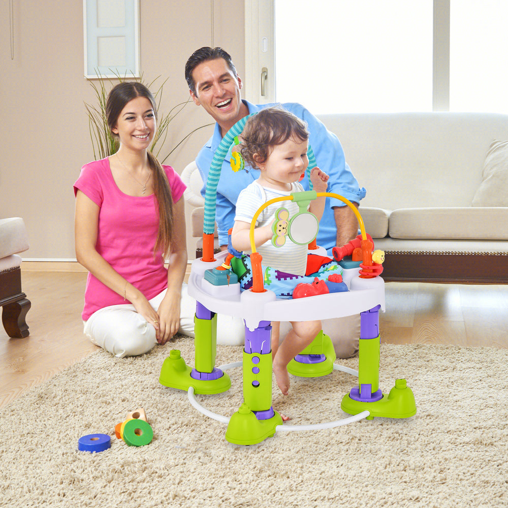 4-in-1 Baby Bouncer Activity Center in green, featuring adjustable heights and interactive toys for versatile play.