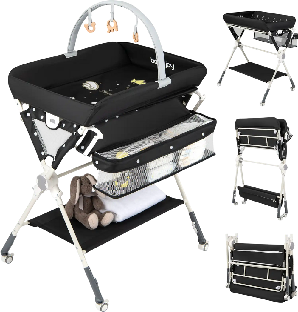 Foldable black baby changing table featuring a zippered storage bag, bottom shelf, and detachable toy bar for added.