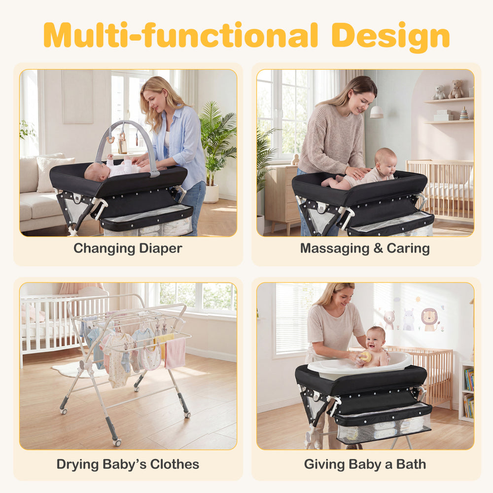 Foldable baby changing table in black with storage bag, adjustable height, and drying rack for convenient diaper.