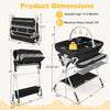 Foldable black baby changing table dimensions chart showing adjustable height, storage bag, and compact design for easy.