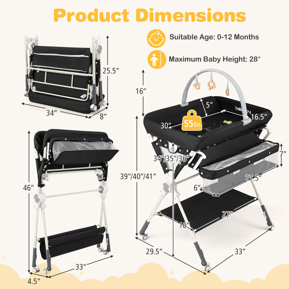 Foldable black baby changing table dimensions chart showing adjustable height, storage bag, and compact design for easy.
