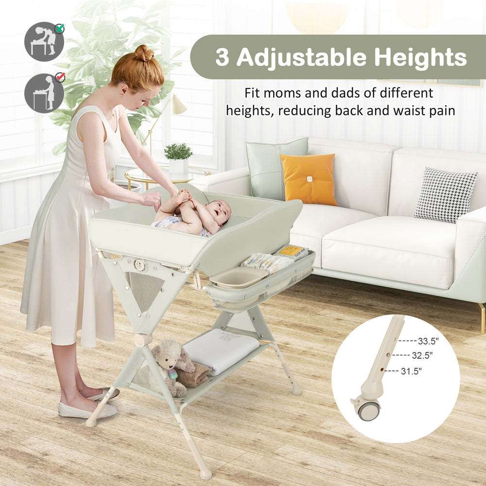 Baby diaper changing table in green with 3 adjustable heights, side storage, and removable water basin for convenience.