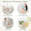 Baby diaper changing table in green with water basin, featuring adjustable height and ample storage for baby essentials.