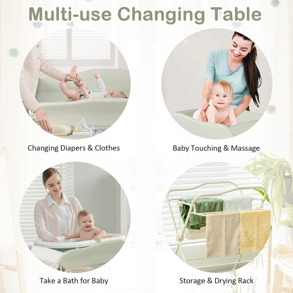 Baby diaper changing table in green with water basin, featuring adjustable height and ample storage for baby essentials.