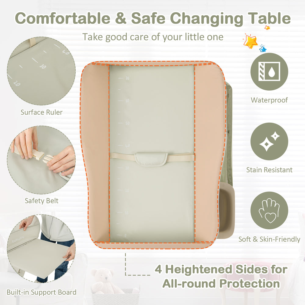 Baby diaper changing table with waterproof pad, 3 adjustable heights, and safety features for secure and convenient use.