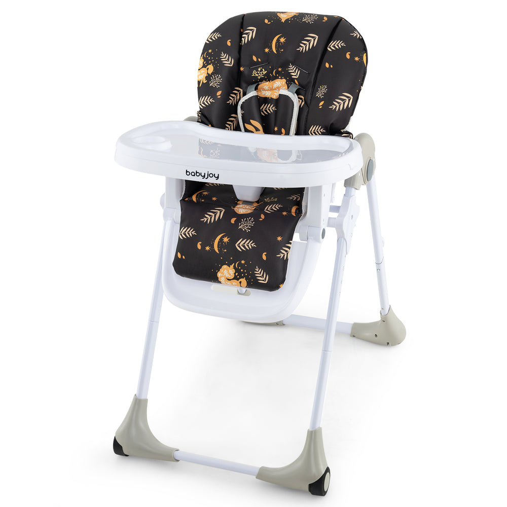 3-in-1 convertible baby high chair in dark brown with adjustable seat heights and removable tray for easy feeding.