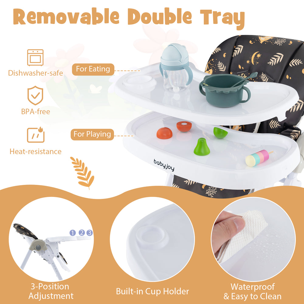Removable double tray of the 3-in-1 convertible baby high chair, featuring a cup holder and dishwasher-safe design.