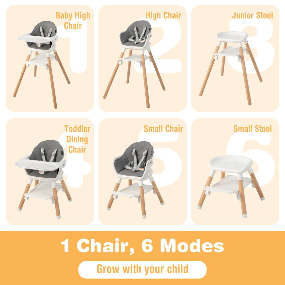 6-in-1 baby high chair in white with removable tray, adjustable footrest, and durable beech wood legs for versatile use.