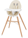 Baby high chair in beige with solid beech wood legs, 5-point harness, and dishwasher-safe tray for convenience.