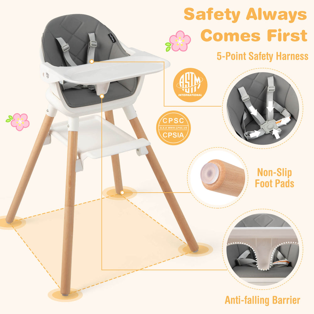 6-in-1 baby high chair with removable tray, 5-point safety harness, and beech wood legs for stability and safety.