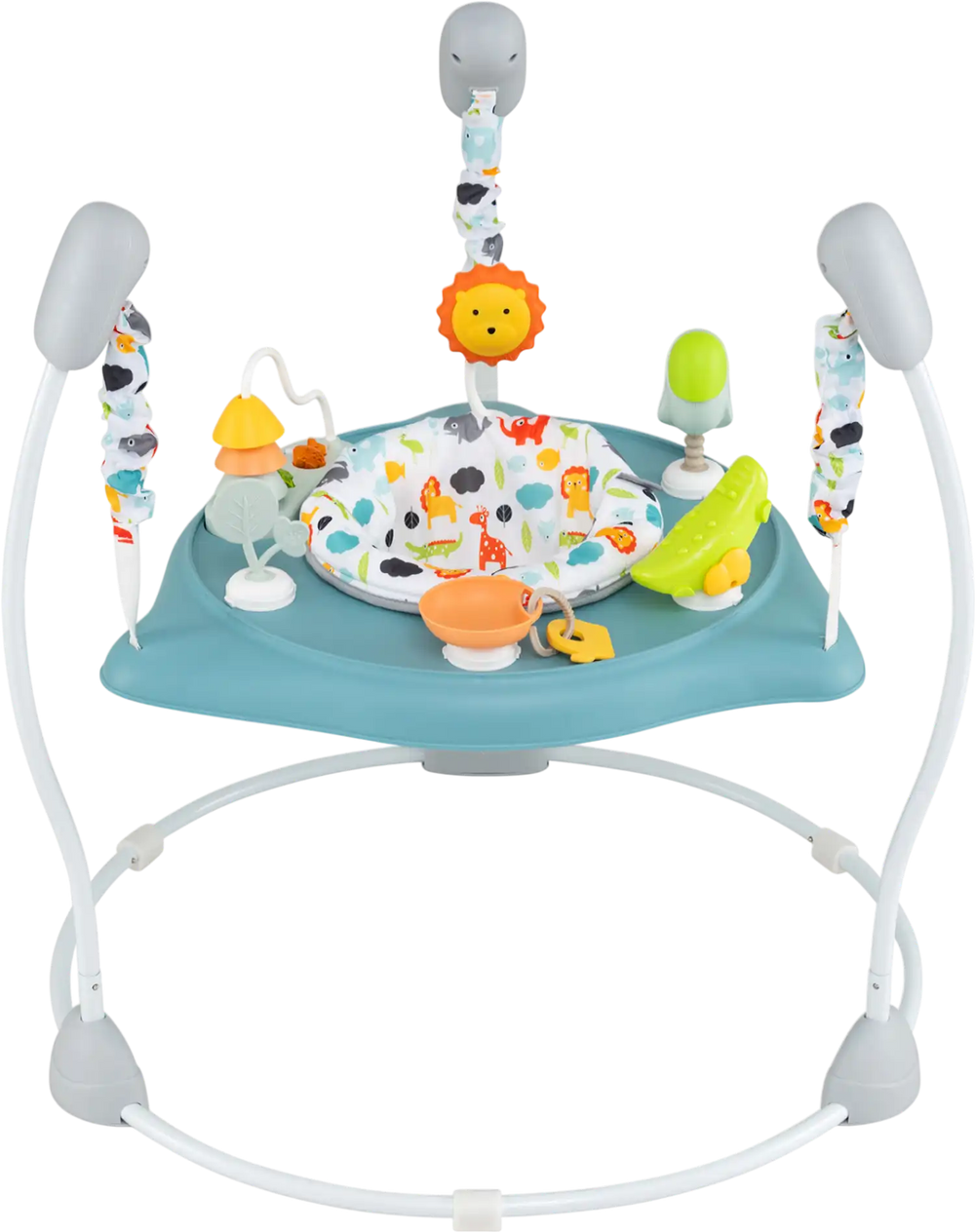 Baby Jump and Play Activity Center in blue with interactive toys and rotatable seat for endless fun and safe jumping.