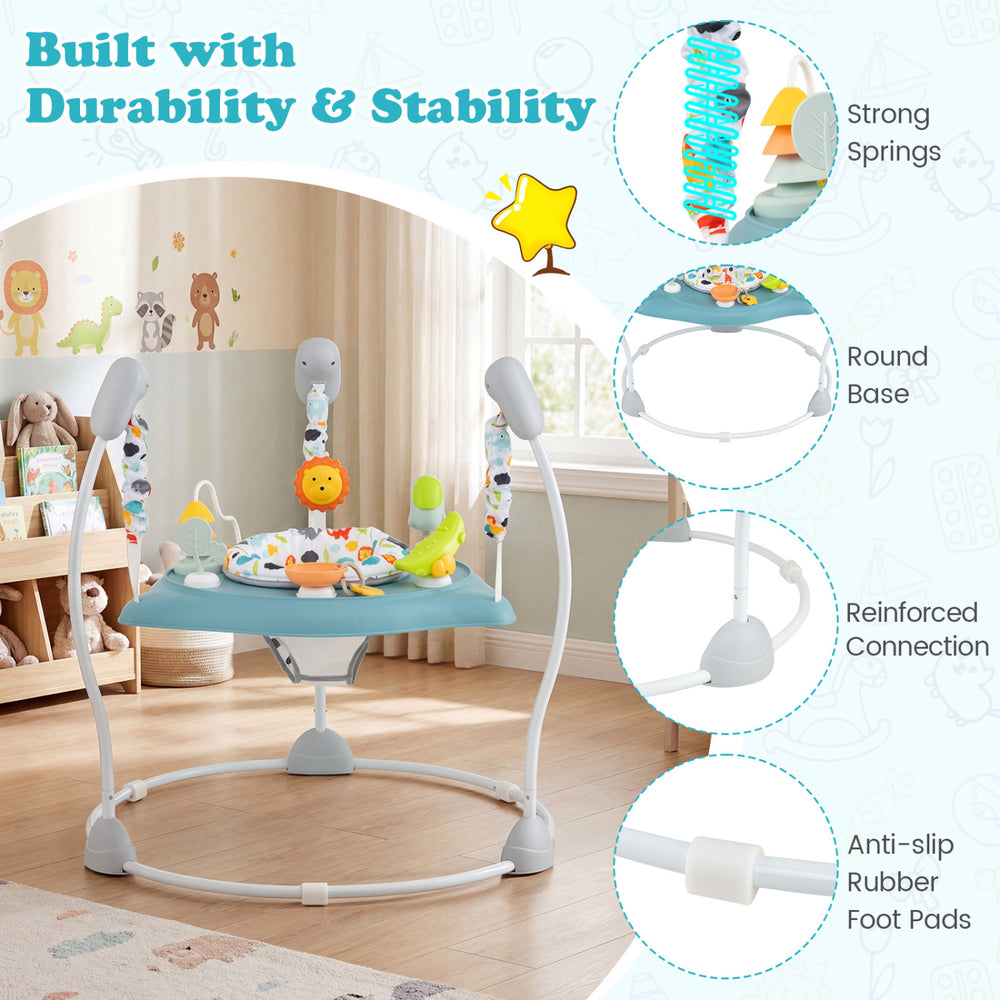 Baby Jump and Play Activity Center in blue with rotatable seat, strong springs, and anti-slip rubber foot pads for.