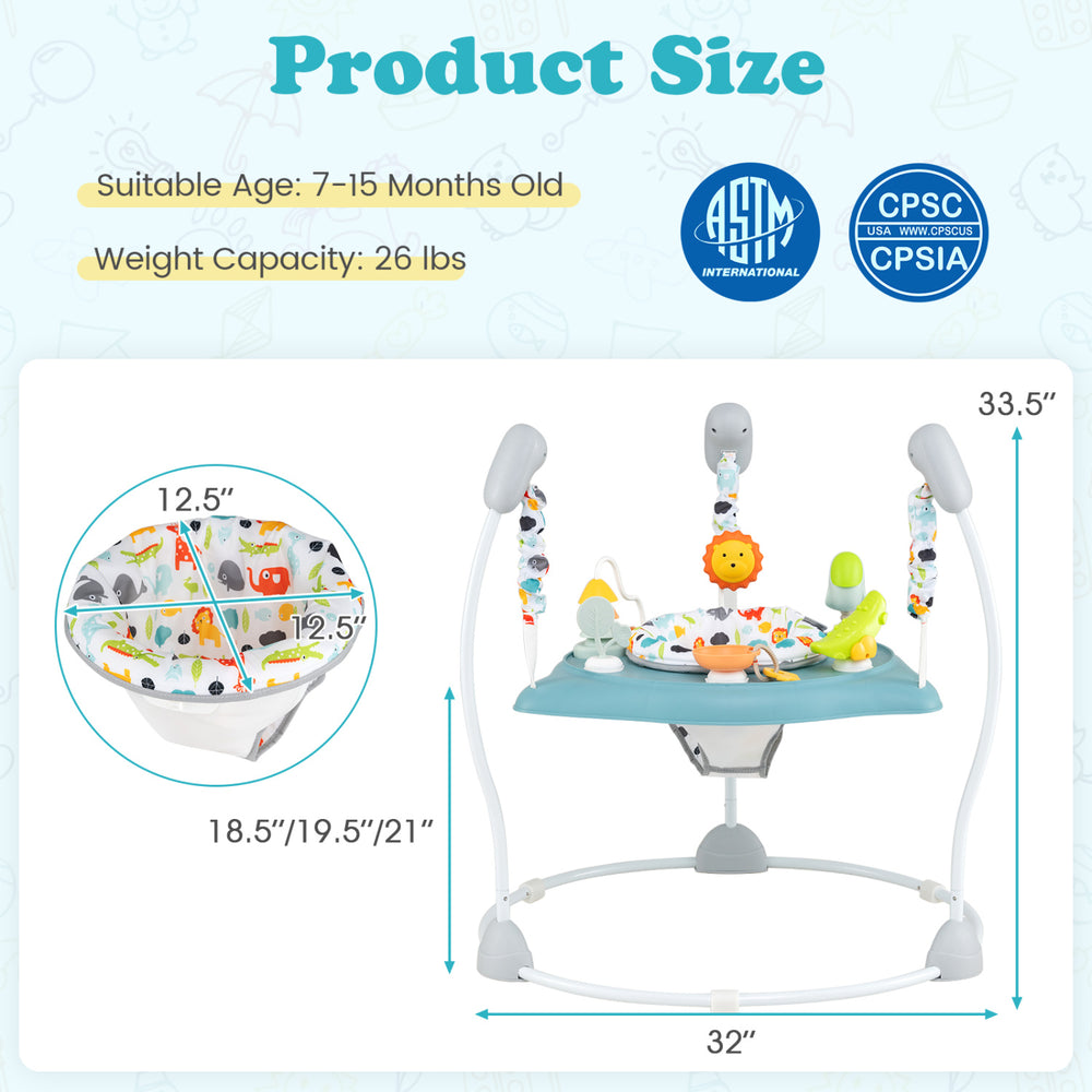 Baby Jump and Play Activity Center in blue with rotatable seat and interactive toys, adjustable height for growing.