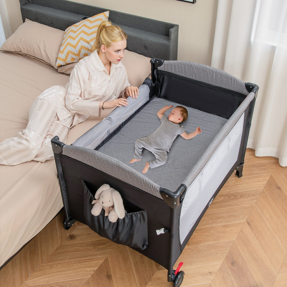 5-in-1 Baby Nursery Center Foldable Toddler Bedside Crib with Music Box-Black - Gallery View 1 of 11