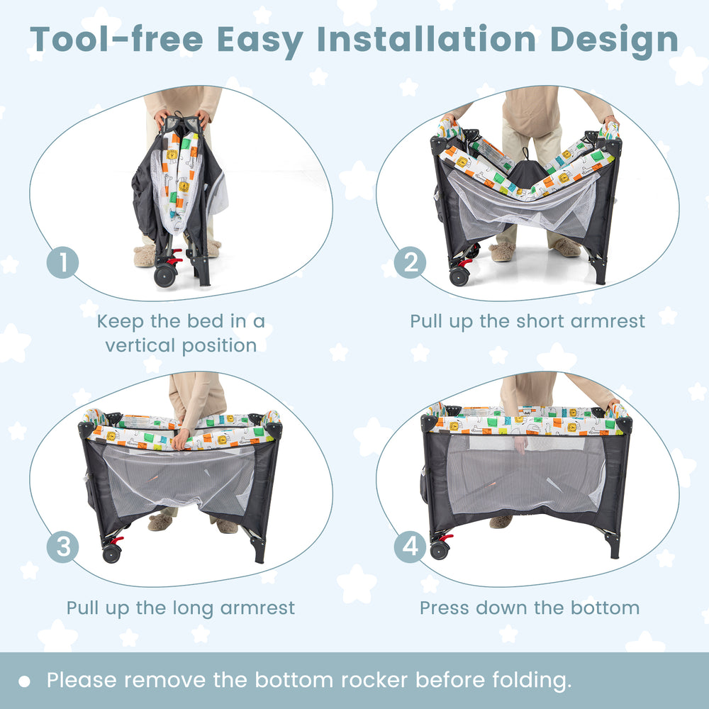 5-in-1 Baby Nursery Center with tool-free installation steps, featuring a gray foldable bedside crib and storage tray.