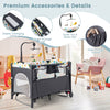5-in-1 baby nursery center in gray with diaper changing table, storage pocket, and music box for versatile use.