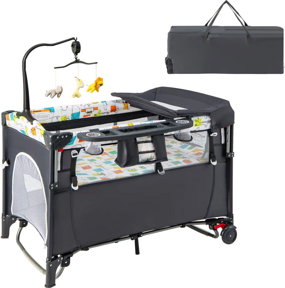 5-in-1 baby nursery center in gray with detachable changing table, music box, and foldable design for easy transport.