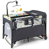 5-in-1 baby nursery center in gray with detachable changing table, music box, and storage tray for versatile use.