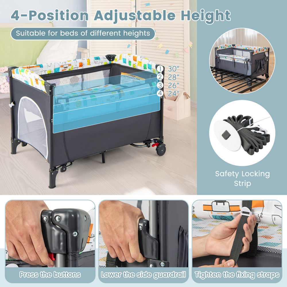5-in-1 baby nursery center with adjustable height, detachable changing table, and storage pocket for convenience.