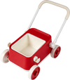 Red baby push walker with foldable handlebar and large storage basket, designed for safety and stability for kids aged.