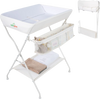 Foldable beige diaper changing table with side basket, waterproof PVC, and height ruler for convenient baby care.
