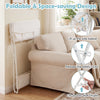 Foldable beige diaper changing table with side basket, safety belt, and height ruler for convenient baby care.