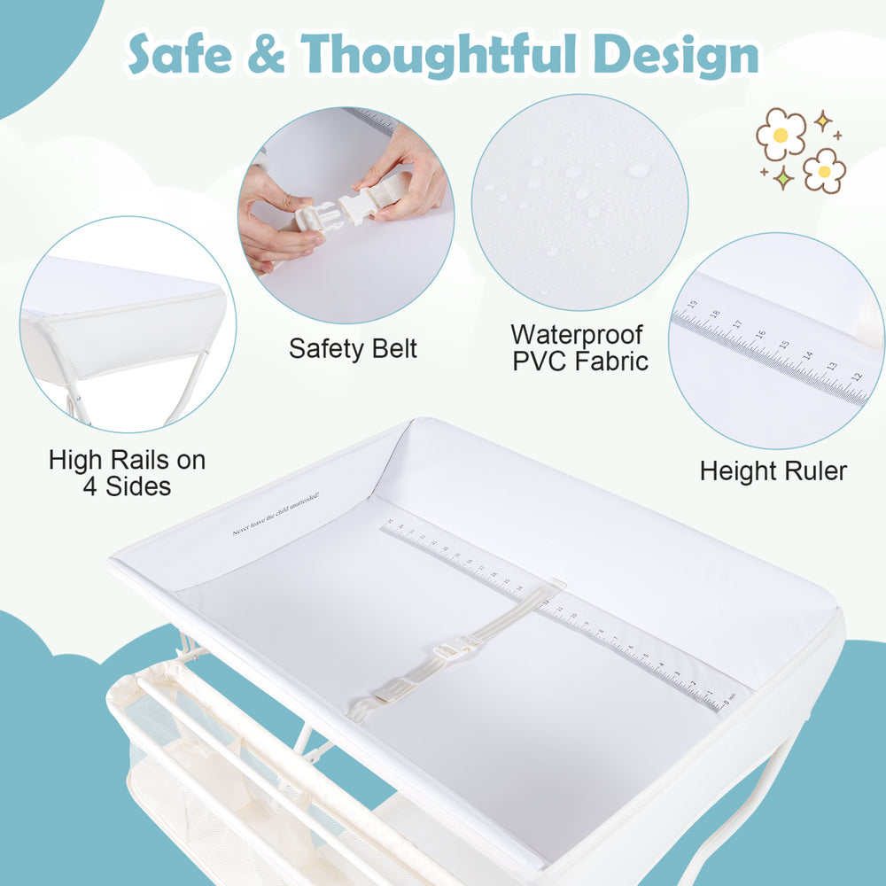 Foldable beige diaper changing table with waterproof PVC fabric, safety belt, height ruler, and side storage basket.