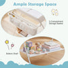 3-compartment storage basket and bottom shelf of the beige Baby Storage Foldable Diaper Changing Table for easy access.