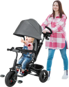 4-in-1 baby tricycle in gray with reversible seat, adjustable canopy, and 5-point safety harness for safe outdoor rides.