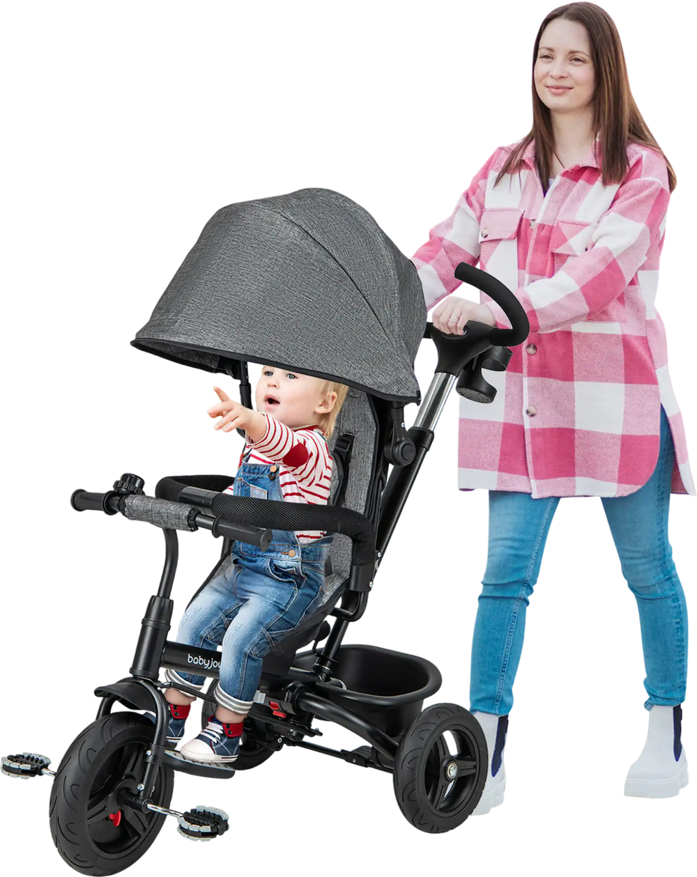 4-in-1 baby tricycle in gray with reversible seat, adjustable canopy, and 5-point safety harness for safe outdoor rides.