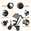 4-in-1 gray baby tricycle with reversible seat, 5-point safety harness, and detachable cup holder for versatile use.