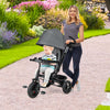 4-in-1 gray baby tricycle with reversible seat, adjustable canopy, and 5-point safety harness for outdoor fun.