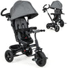 4-in-1 baby tricycle in gray with adjustable canopy, reversible seat, and 5-point safety harness for versatile use.