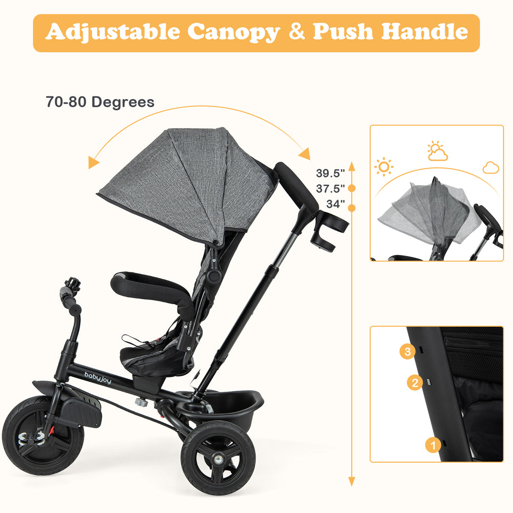Adjustable canopy and push handle of the 4-in-1 baby tricycle in gray, designed for versatile toddler use and safety.