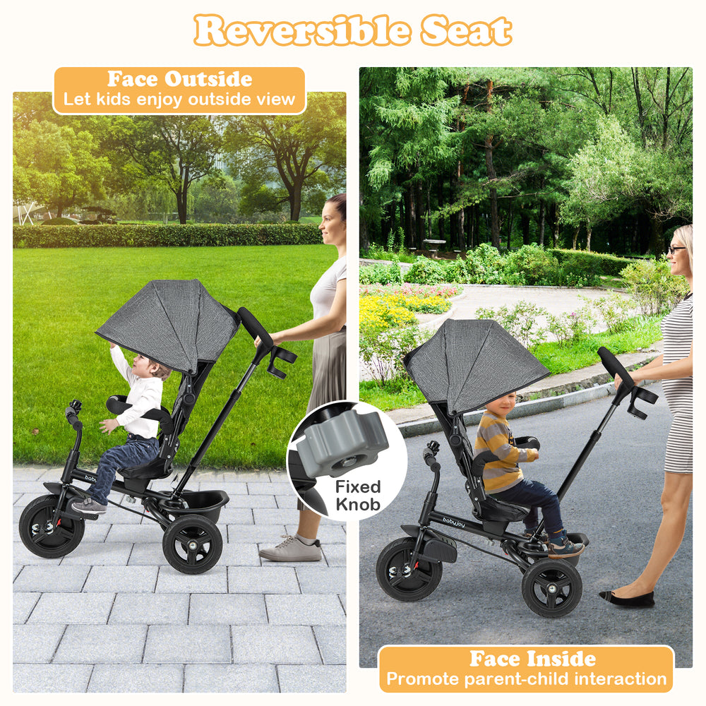 Reversible seat baby tricycle in gray, featuring a 5-point safety harness and adjustable canopy for versatile use.