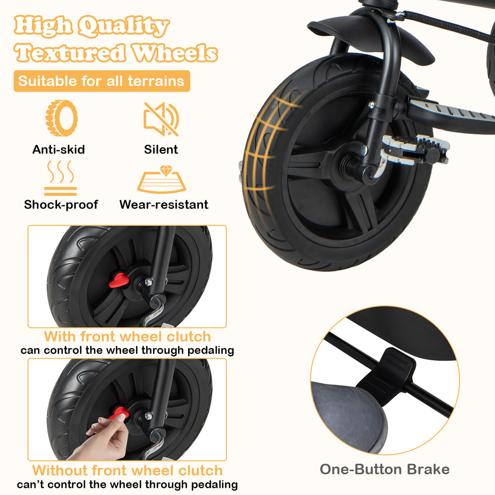 High-quality textured wheels of a gray 4-in-1 baby tricycle, designed for all terrains and featuring a one-button brake.