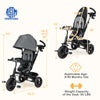 4-in-1 gray baby tricycle with reversible seat, adjustable canopy, and 5-point safety harness for toddlers aged 9-60.
