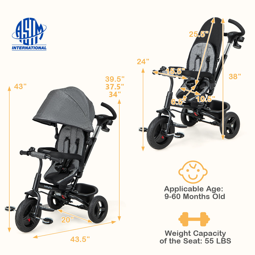 4-in-1 gray baby tricycle with reversible seat, adjustable canopy, and 5-point safety harness for toddlers aged 9-60.