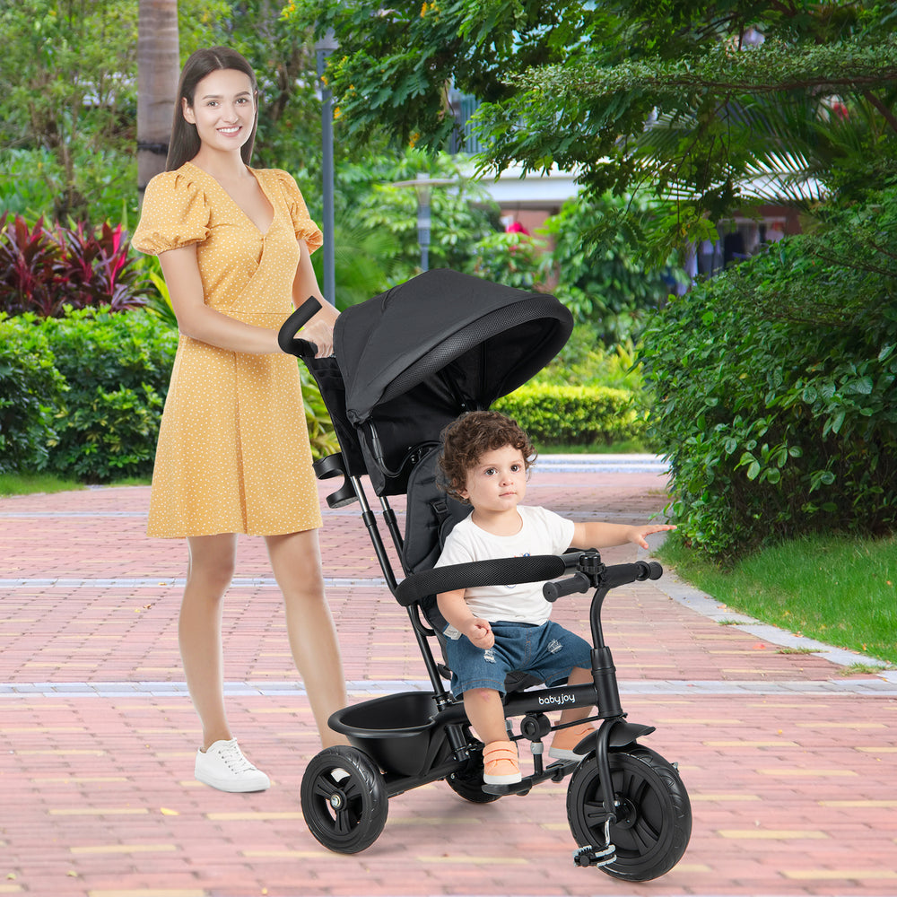 4-in-1 Baby Trike Kids Tricycle with Removable Canopy and Adjustable Push Handle-Black - Gallery View 1 of 10
