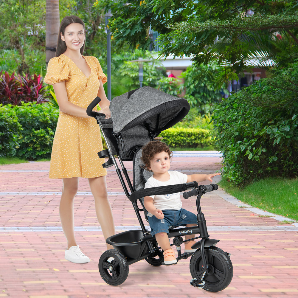 4-in-1 Baby Trike Kids Tricycle with Removable Canopy and Adjustable Push Handle-Gray - Gallery View 1 of 10