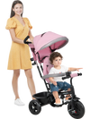 4-in-1 pink baby trike with adjustable push handle and removable canopy, perfect for outdoor strolls with toddlers.