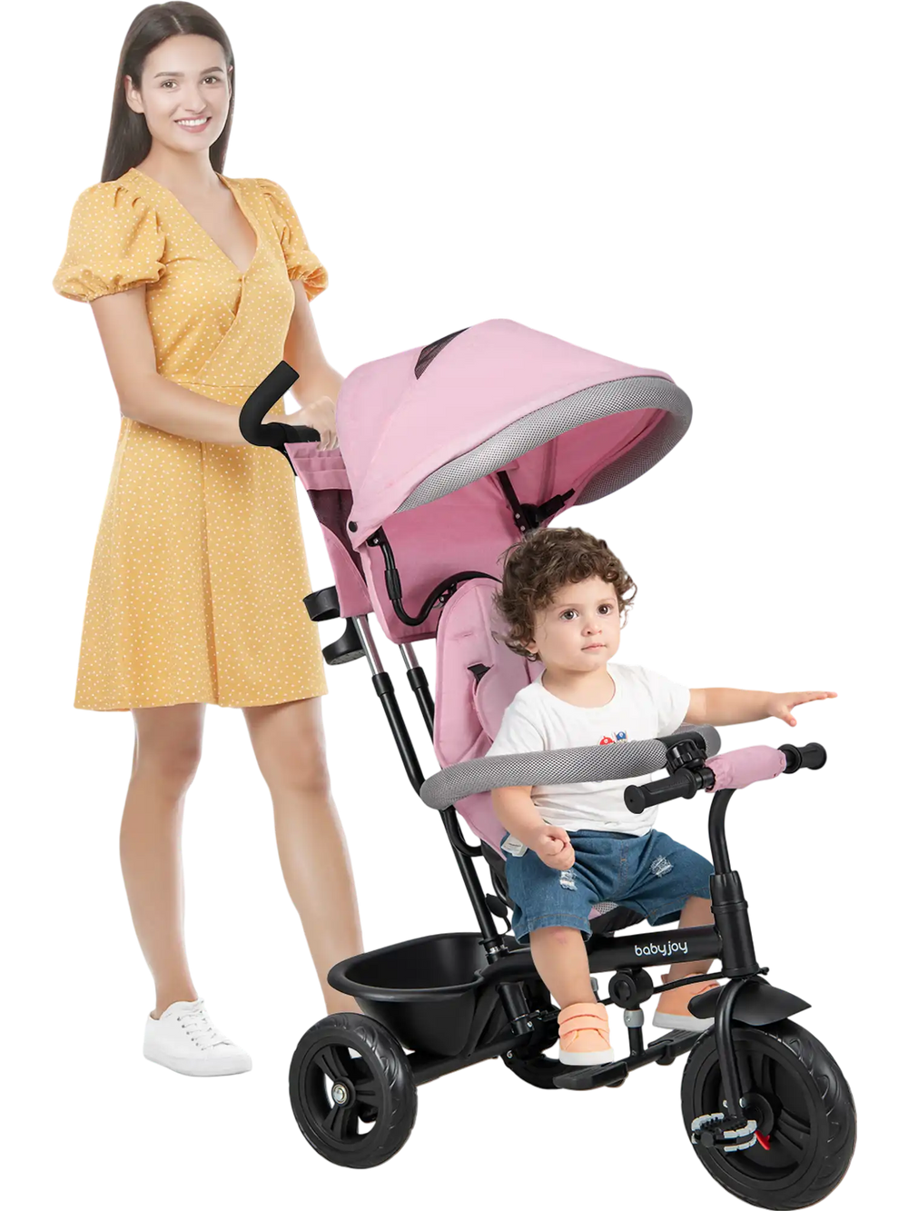 4-in-1 pink baby trike with adjustable push handle and removable canopy, perfect for outdoor strolls with toddlers.