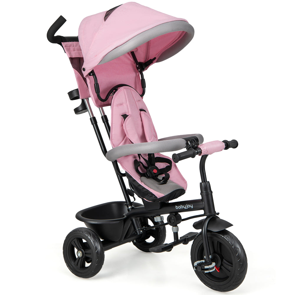 Pink 4-in-1 baby trike with removable canopy, adjustable push handle, and durable metal frame for kids aged 9 months to.