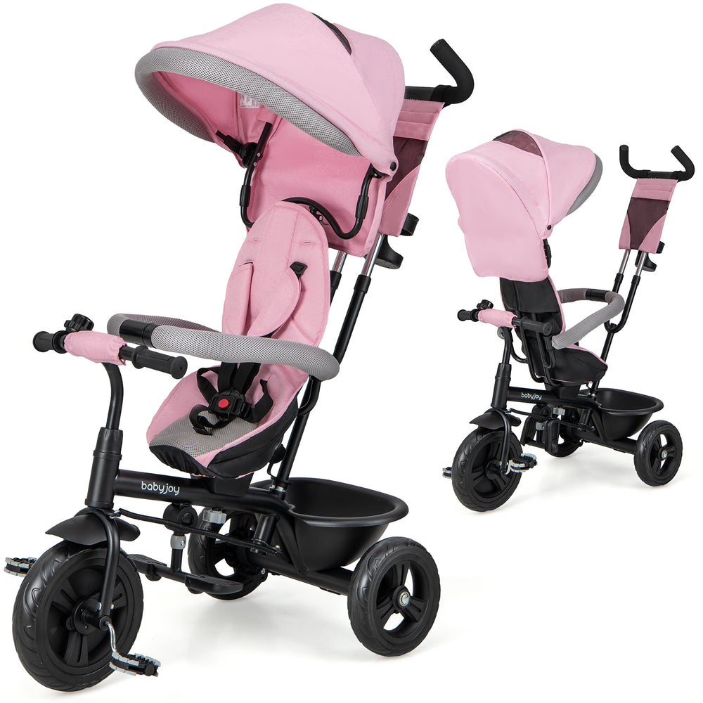 Pink 4-in-1 baby trike with adjustable canopy and push handle, suitable for kids from 9 months to 5 years.