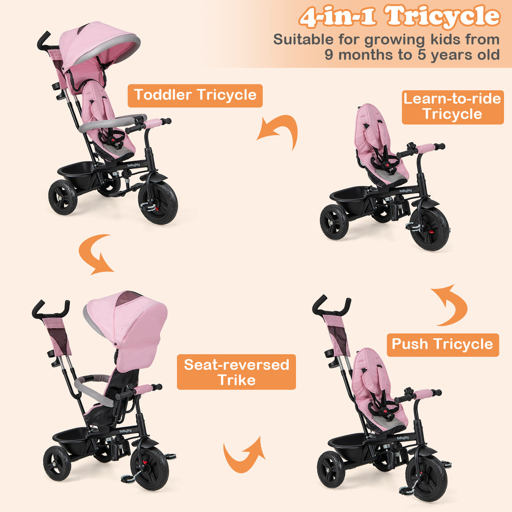 4-in-1 pink baby tricycle with adjustable push handle, removable canopy, and 3 all-terrain wheels for kids aged 9.