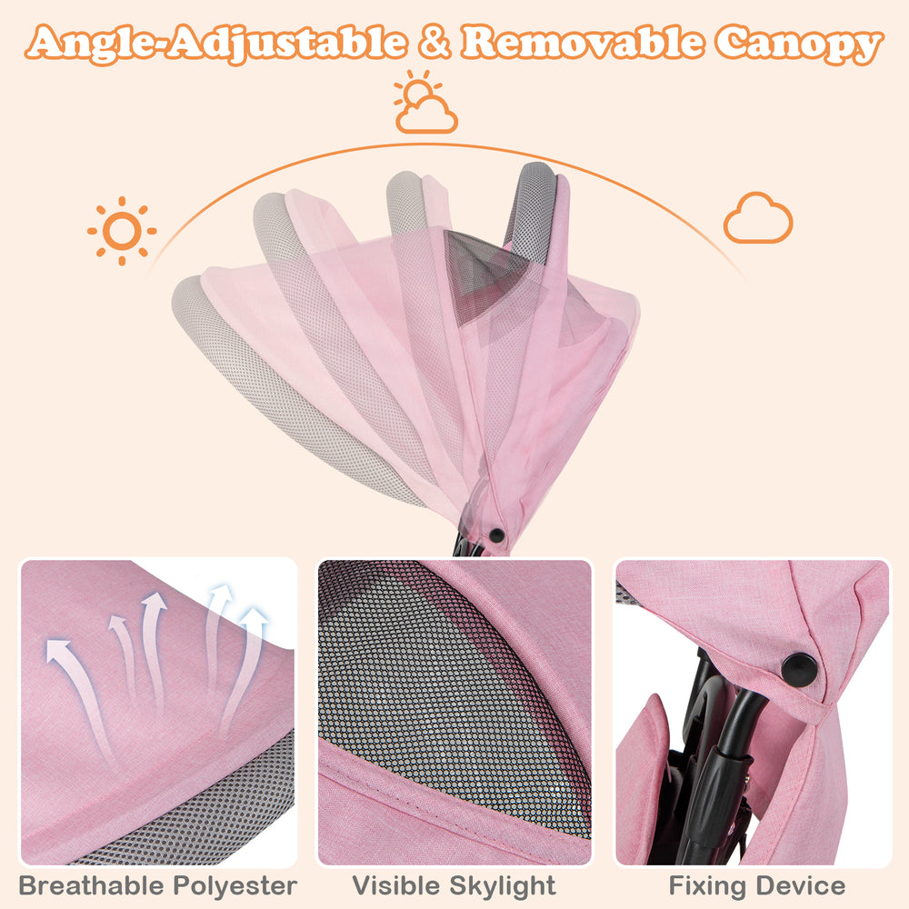 Adjustable pink canopy detail for 4-in-1 baby trike, featuring breathable polyester and fixing device for easy removal.