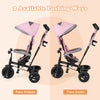 4-in-1 pink baby trike showing two pushing positions: face outside and face inside, with adjustable canopy and handle.