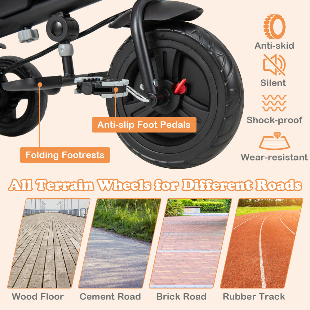 All-terrain wheels of the pink 4-in-1 baby trike, designed for various surfaces, ensuring smooth rides for kids.