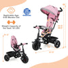 4-in-1 pink baby trike with adjustable push handle, removable canopy, and storage basket for kids 9 months to 5 years.