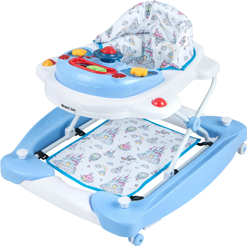 6 in 1 foldable baby walker in blue with adjustable height, music tray, and removable seat cushion for interactive fun.